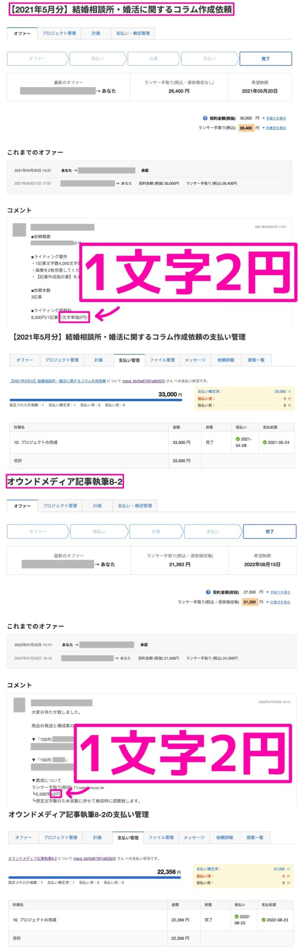 ランサーズで1文字2円単価のコラム執筆案件を受注したときのやり取り画像