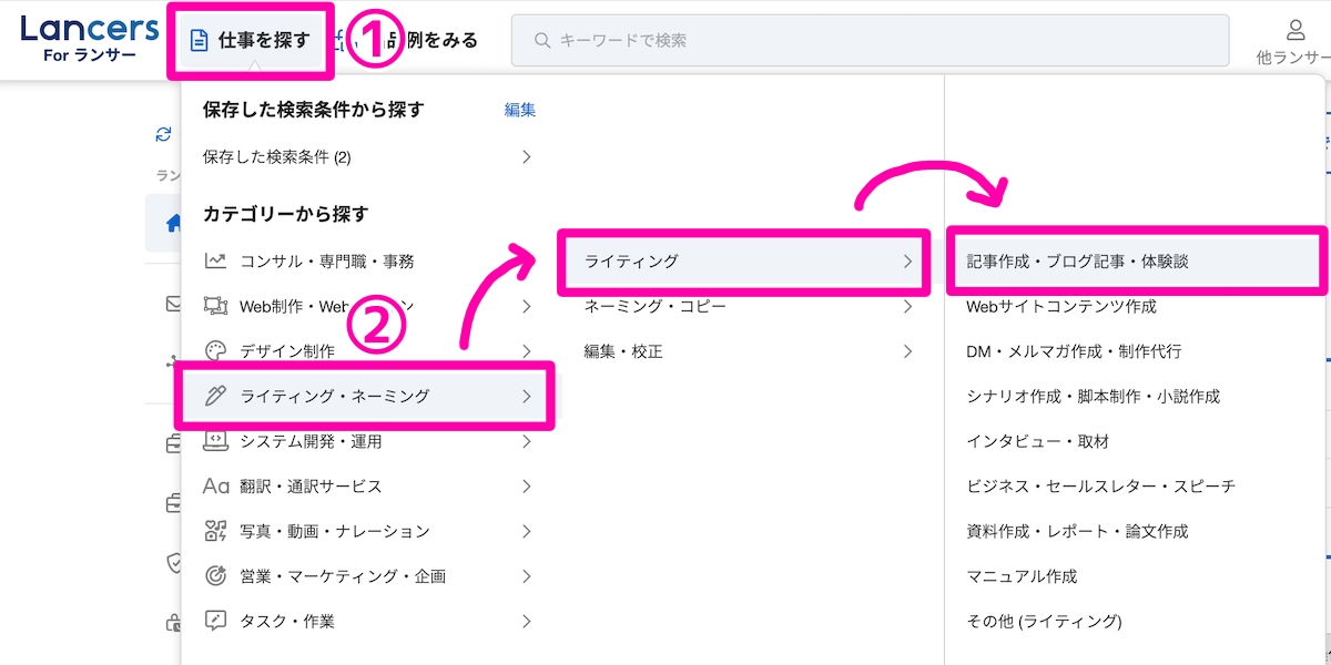 「ランサーズ」の「仕事を探す」からライティングの仕事を検索する画面